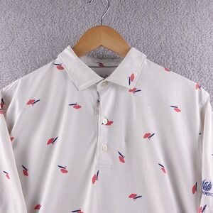 Johnnie O Mens Golf Polo Shirt L White Beach Umbrella Print Short Sleeve Stretch